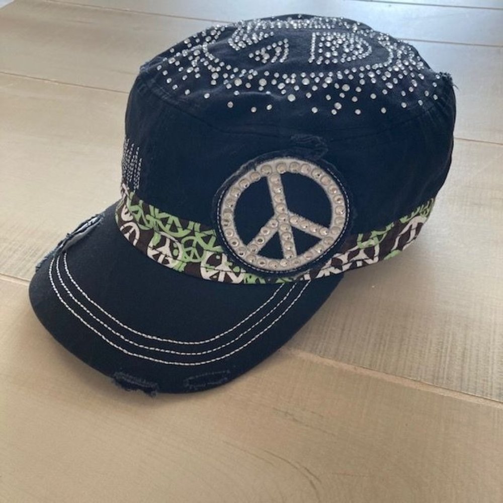 Nexgen Black Adjustable Army Cap Hat with Rhinestone Peace Signs - One Size